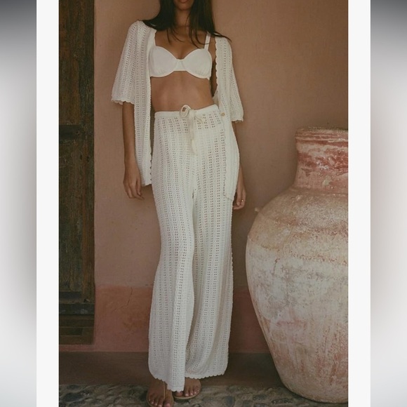 Cream Swim crotchet knit 2 piece Coverup with Flowing Palazzo Pants - Picture 2 of 10